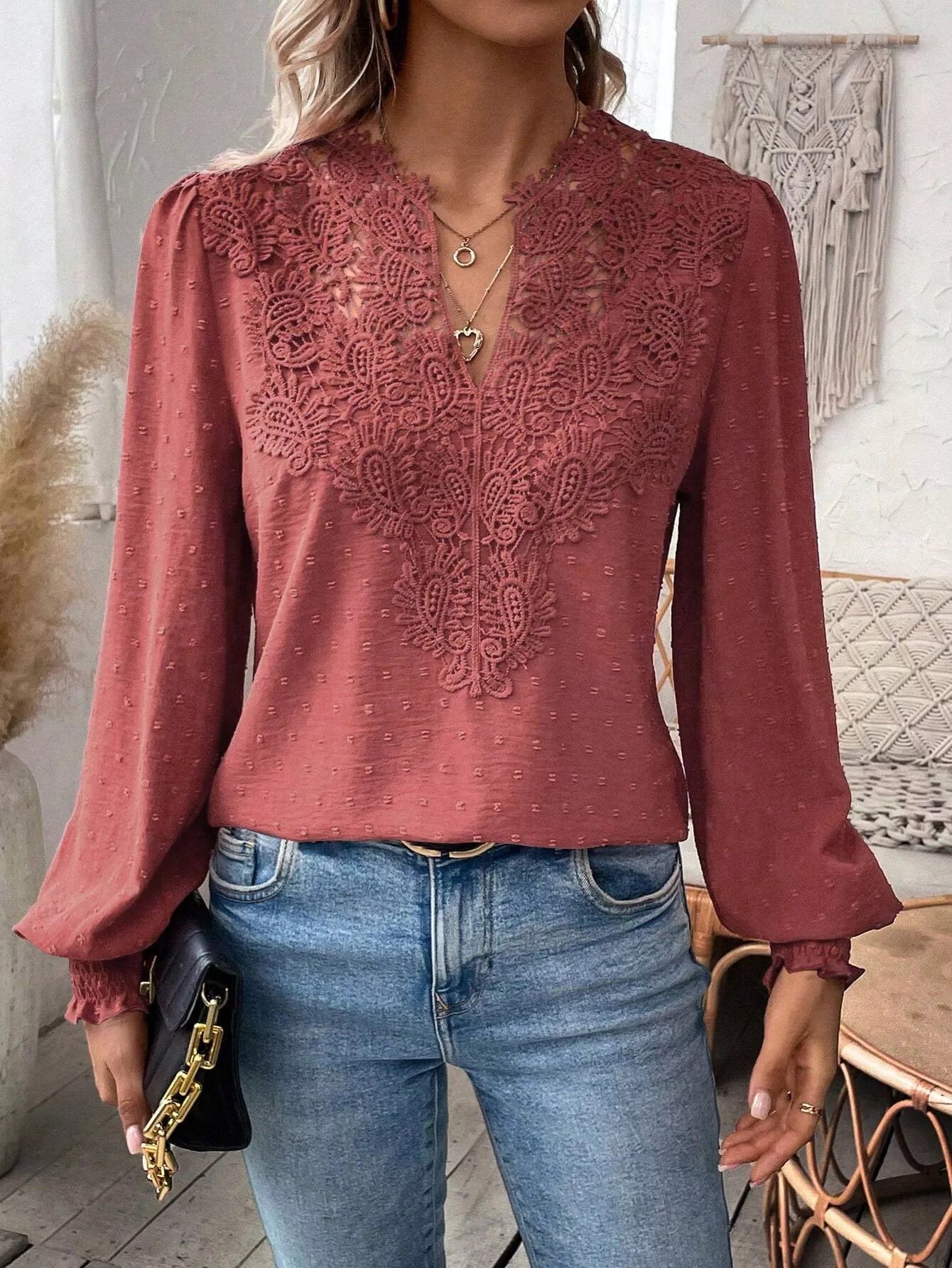 Swiss Dot Lace Detail Long Sleeve Blouse Rust OutfitFlow