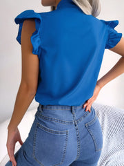 Ruffled Tie Neck Cap Sleeve Blouse OutfitFlow
