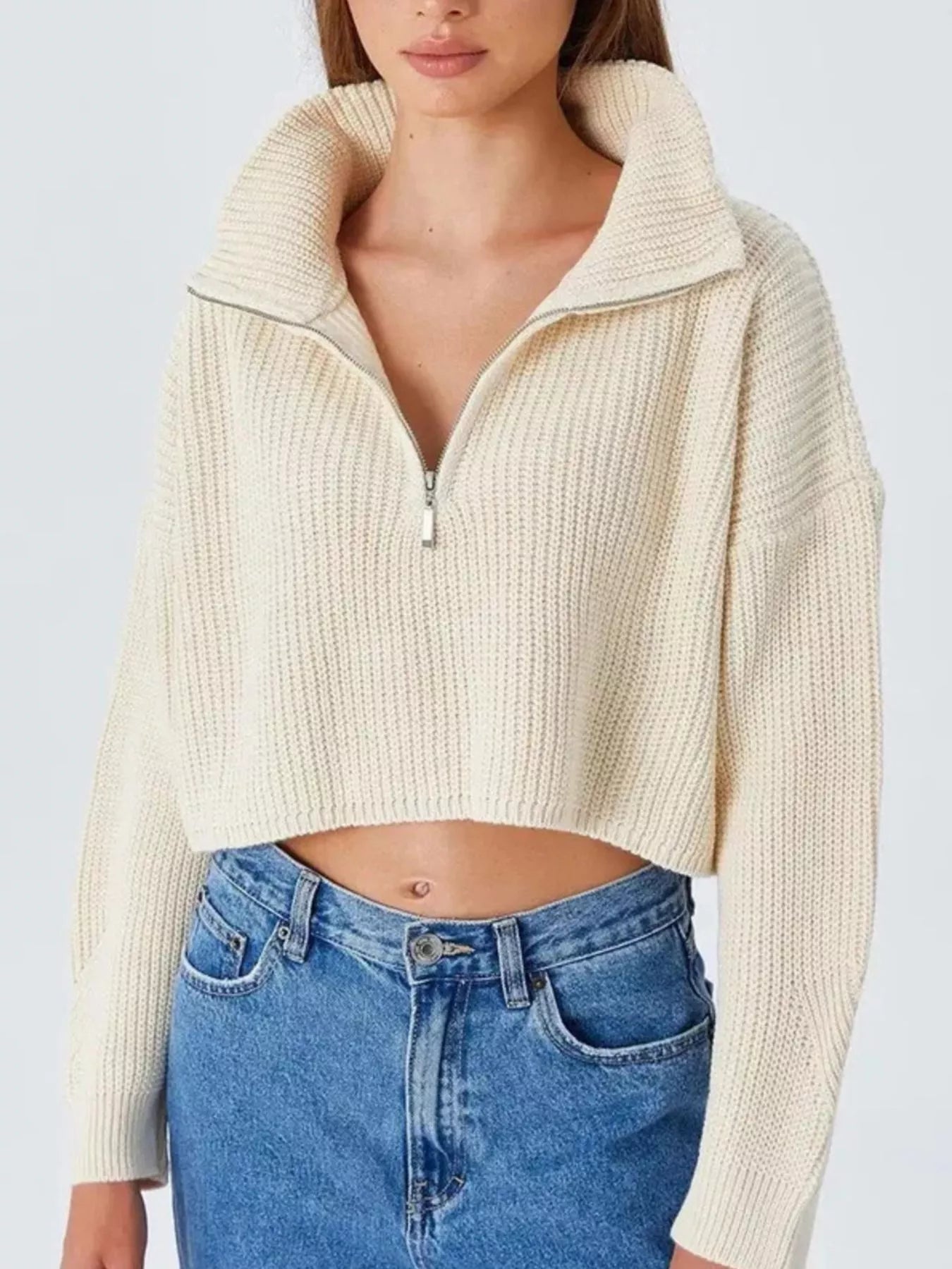 Half Zip Dropped Shoulder Sweater OutfitFlow