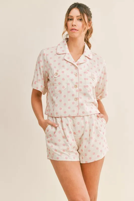 MABLE Polka Dot Collar Crop Top and Short Lounge Set Pink OutfitFlow