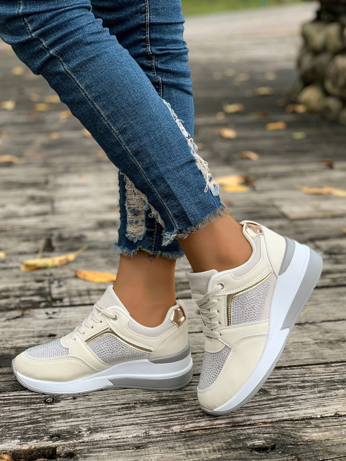 Outfit Flow - Lace-Up Rhinestone Wedge Sneakers