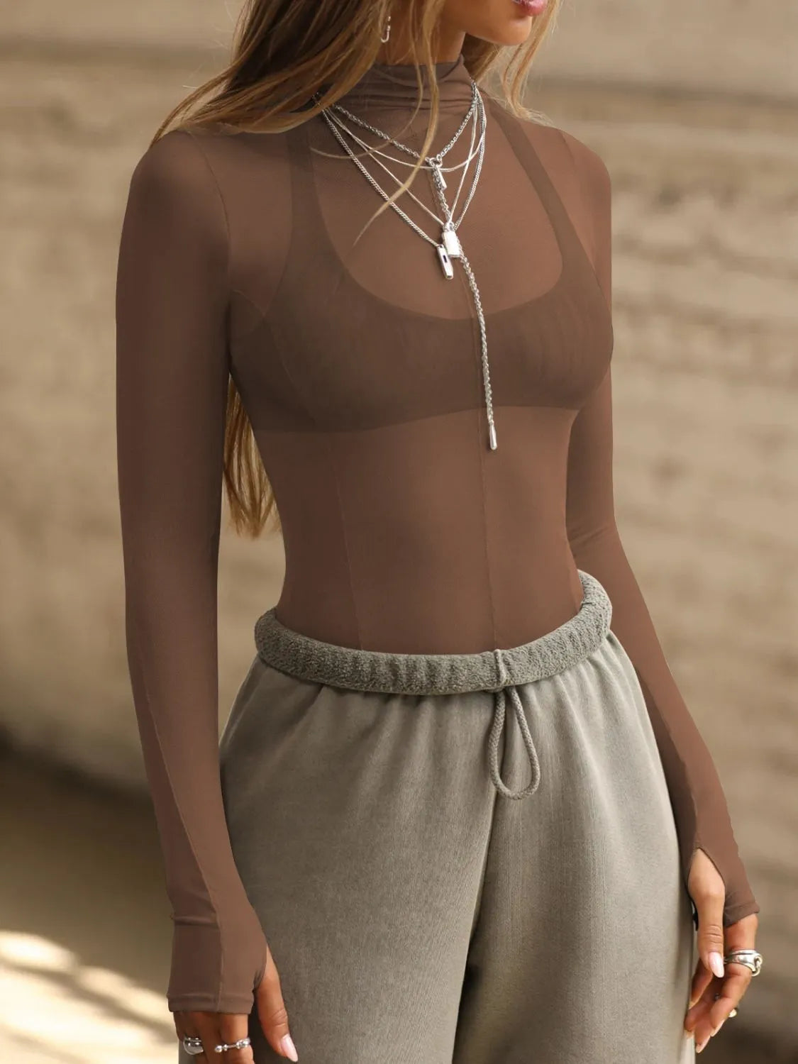 Mock Neck Long Sleeve Sheer Top Brown OutfitFlow
