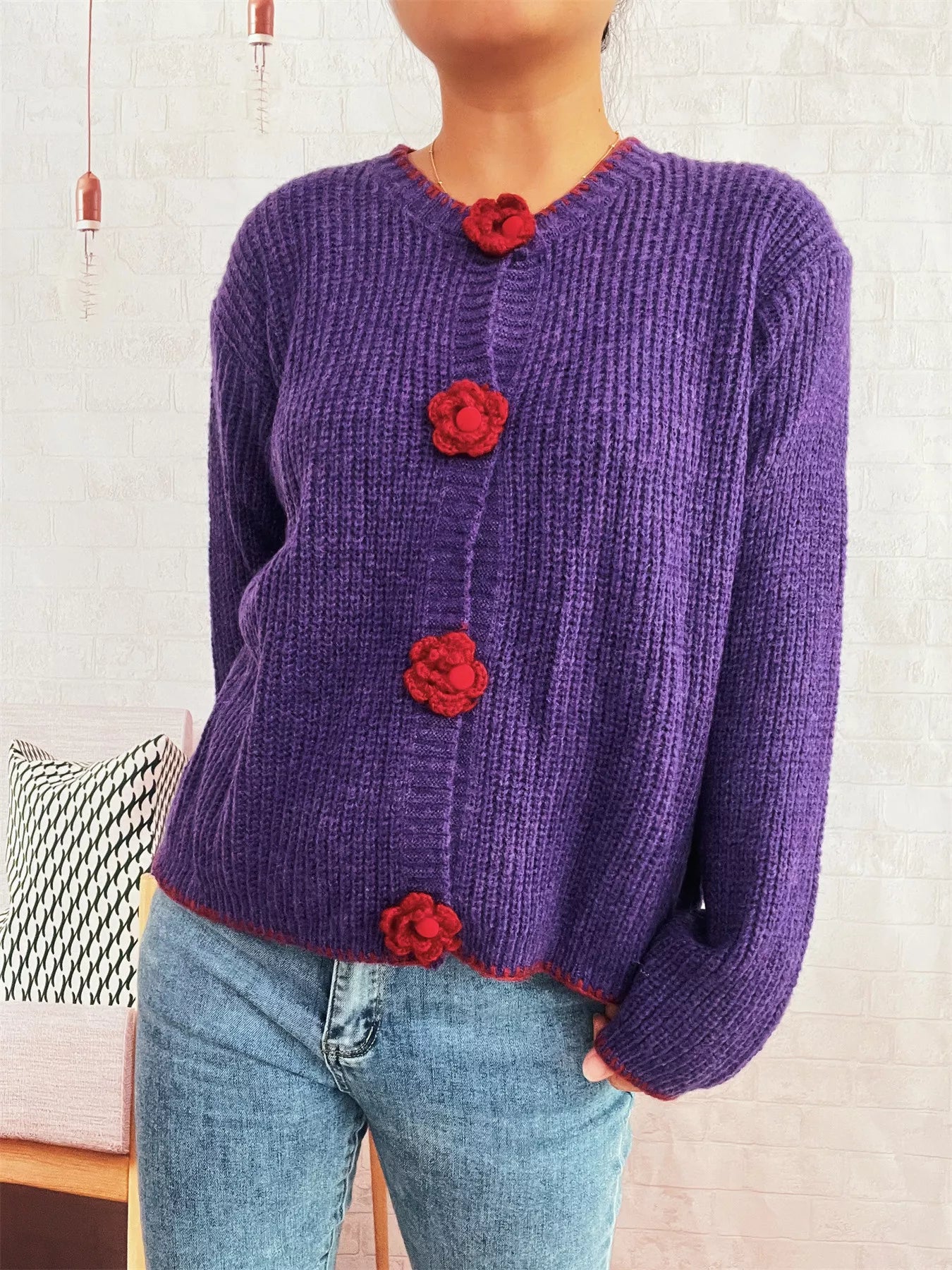 Flower Button Long Sleeve Cardigan Purple One Size OutfitFlow