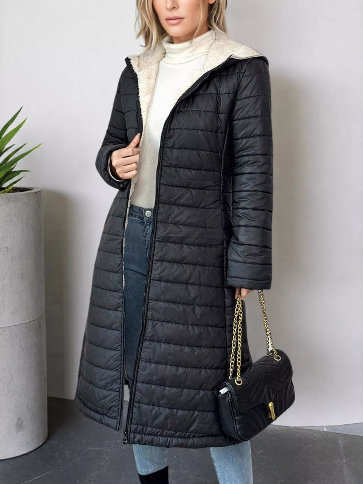 Zip Up Quilted Hooded Puffer Coat Black Trendsi