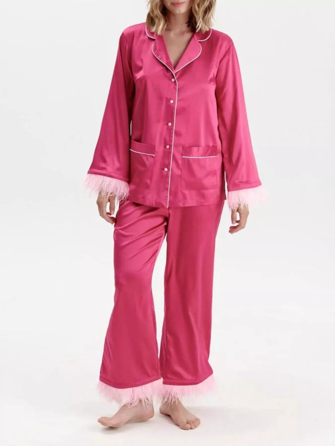 Silky Button Up Top and Pants Lounge Set OutfitFlow