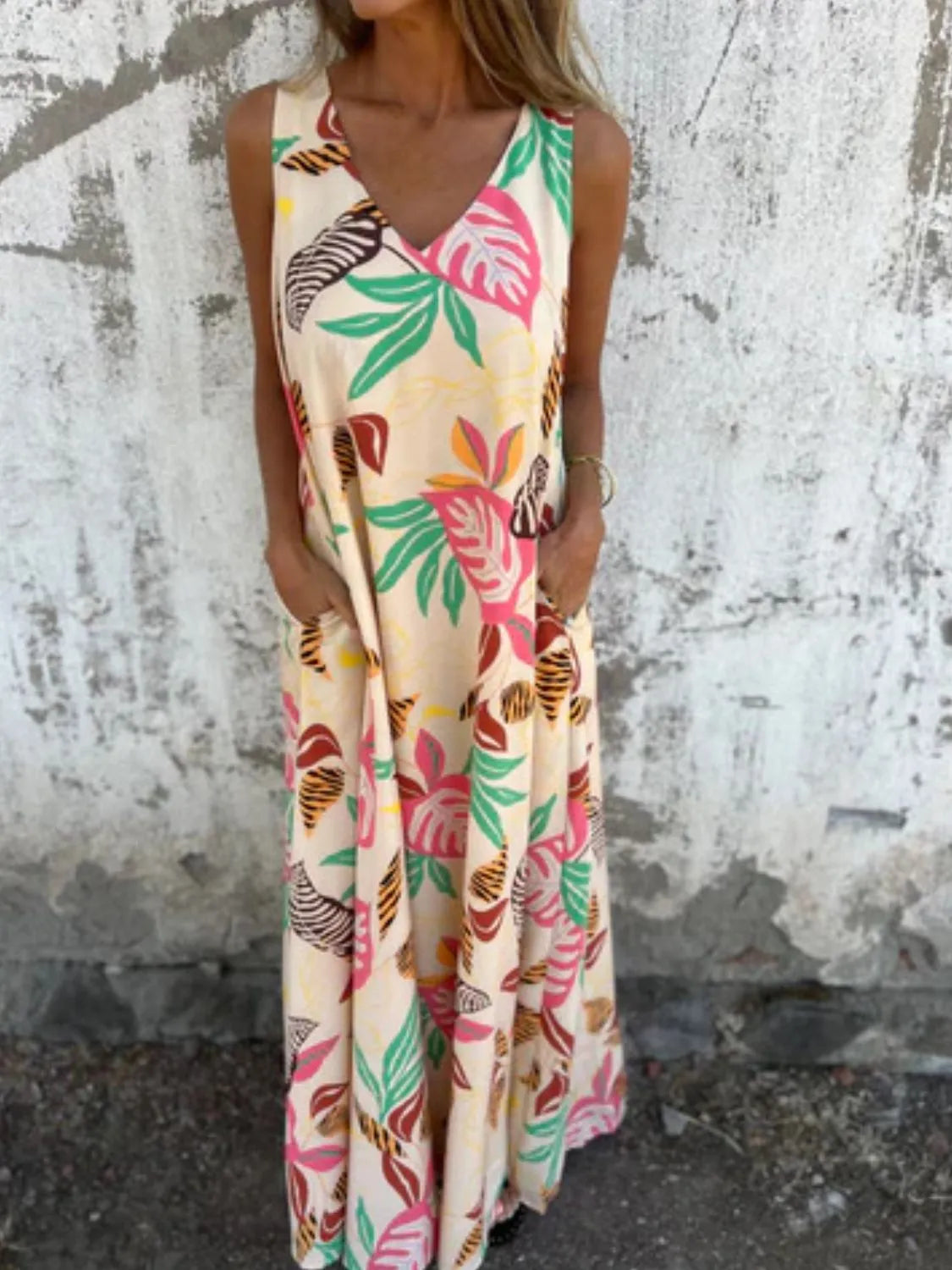 Full Size Printed V-Neck Sleeveless Dress Plus Size Multicolor OutfitFlow