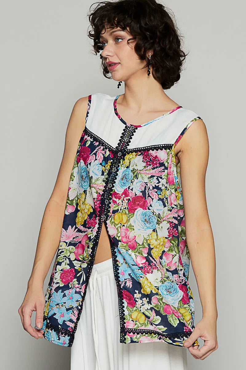 POL Lace Detail Floral Print Sleeveless Blouse OutfitFlow