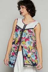 POL Lace Detail Floral Print Sleeveless Blouse OutfitFlow