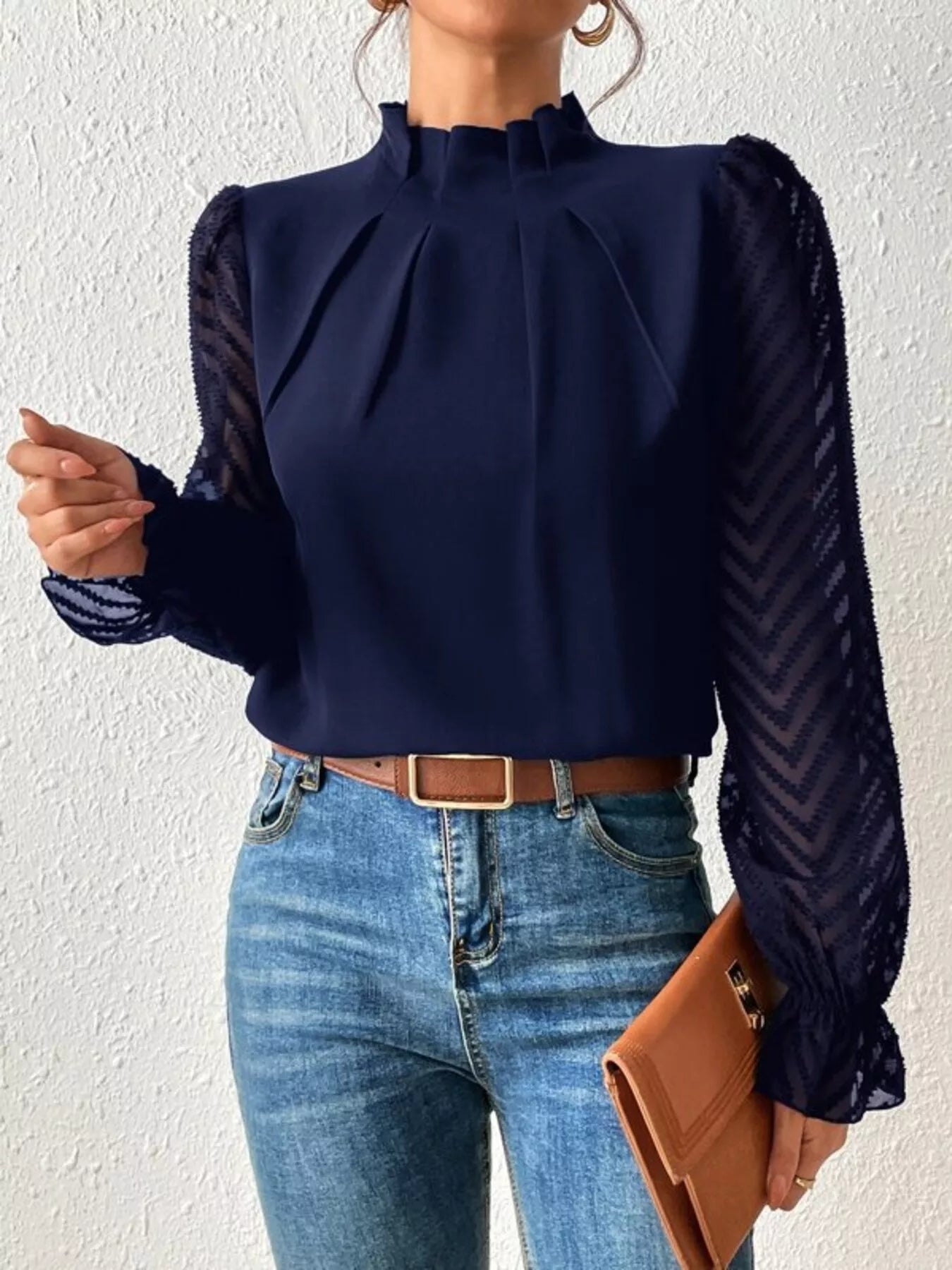 Mock Neck Sheer Lace Sleeve Blouse OutfitFlow