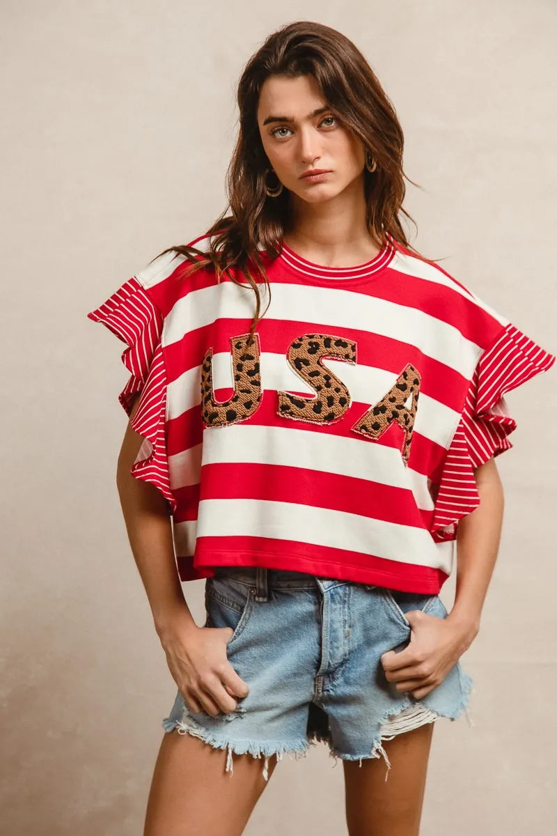BiBi Stripe Mixed Ruffle Sleeve Top With Leopard Letter OutfitFlow
