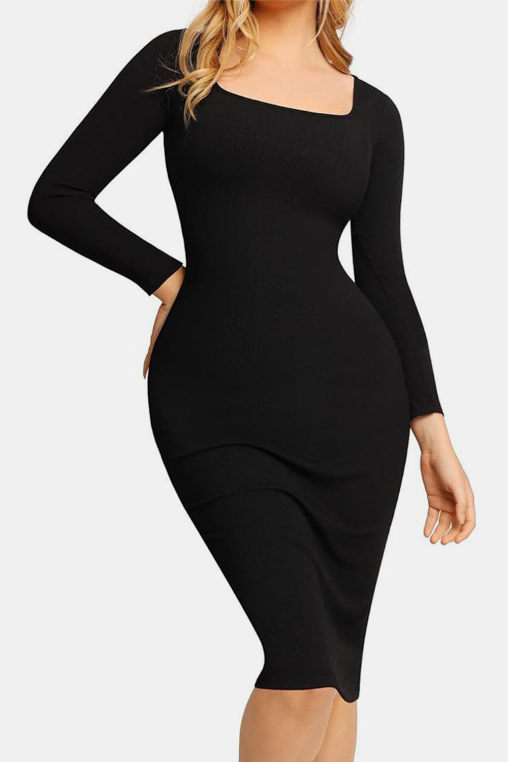 Outfit Flow - Basic Bae Full Size Built-In Shapewear Square Neck Long Sleeve Dress