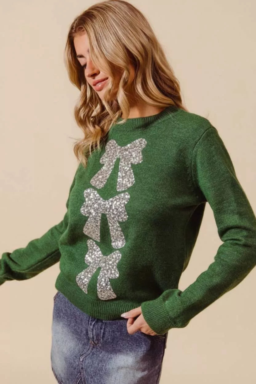 SO ME Sequins Bow Ribbon Embellished Christmas Sweater Trendsi