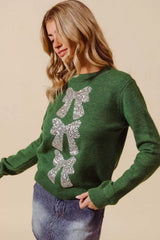 SO ME Sequins Bow Ribbon Embellished Christmas Sweater Trendsi