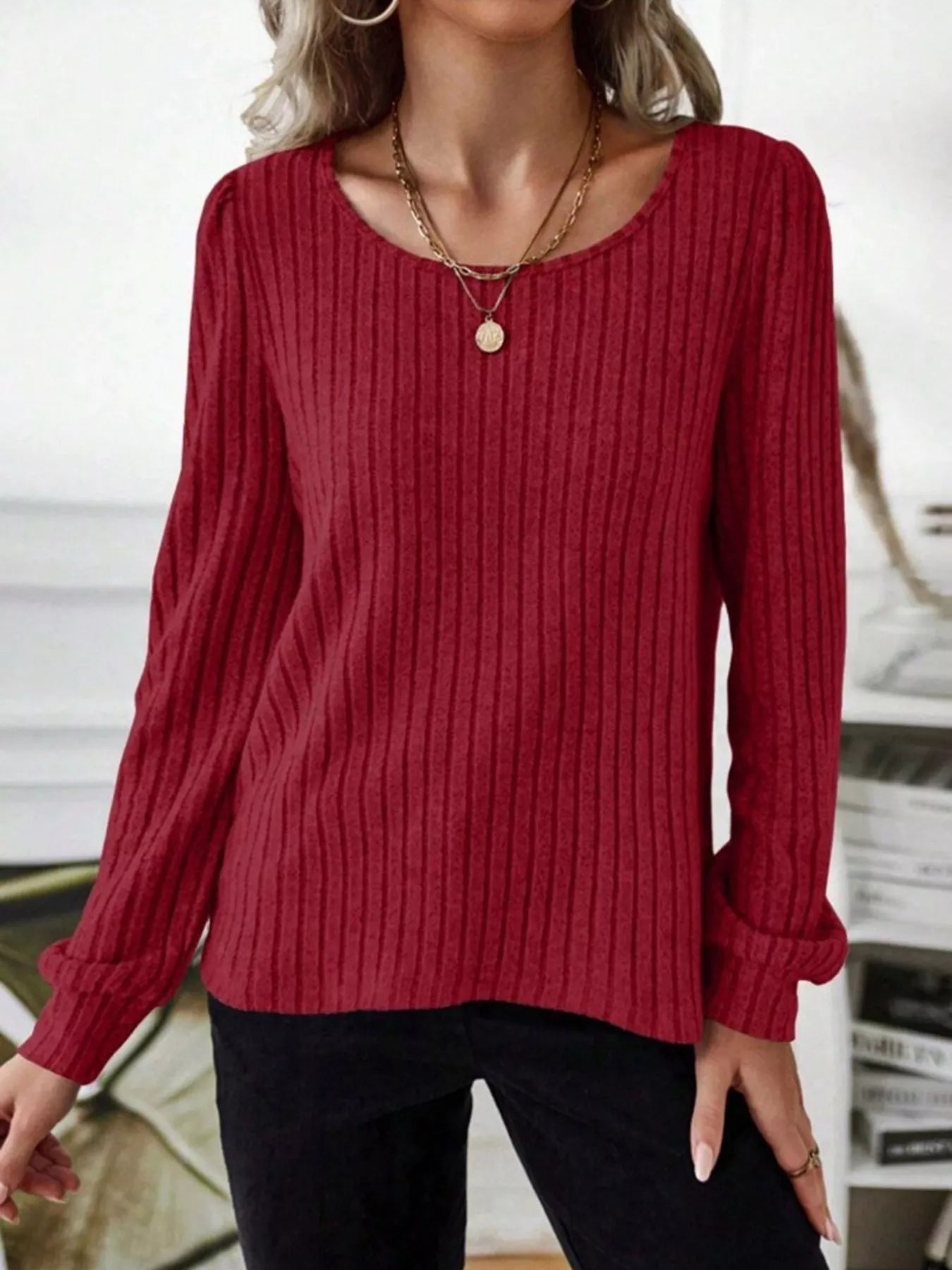 Ribbed Knit Long Sleeve T-Shirt OutfitFlow