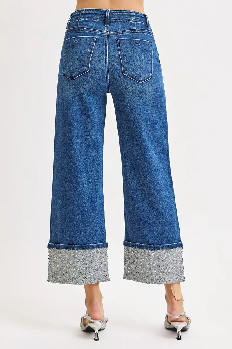 RISEN High Rise Ankle Wide Rhine Stone Cuffed Jeans Trendsi