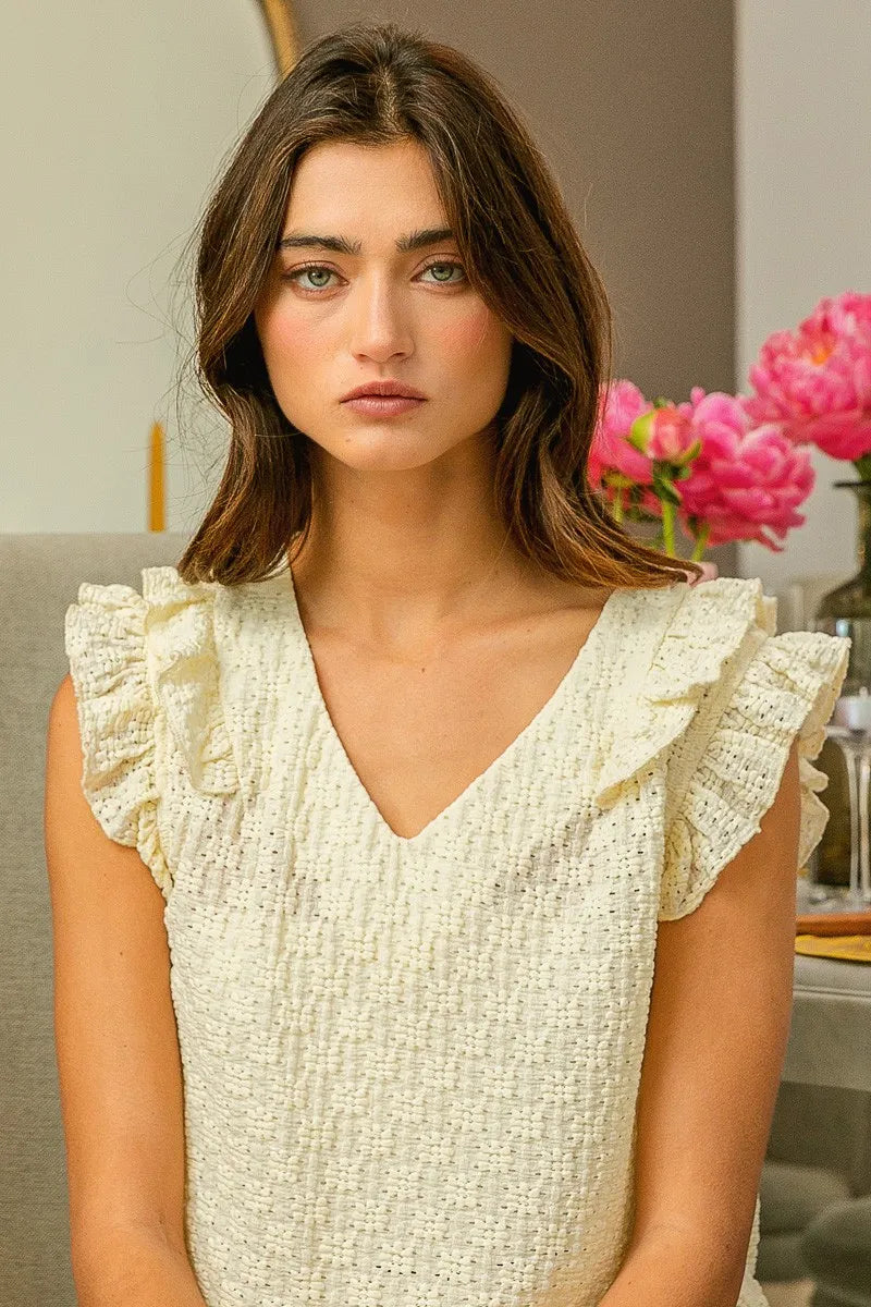 BiBi Floral Ruffled Armhole V-Neck Top OutfitFlow