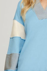 She + Sky Full Size Color Block Sleeve Johnny Collar French Terry Sweatshirt Plus Size OutfitFlow