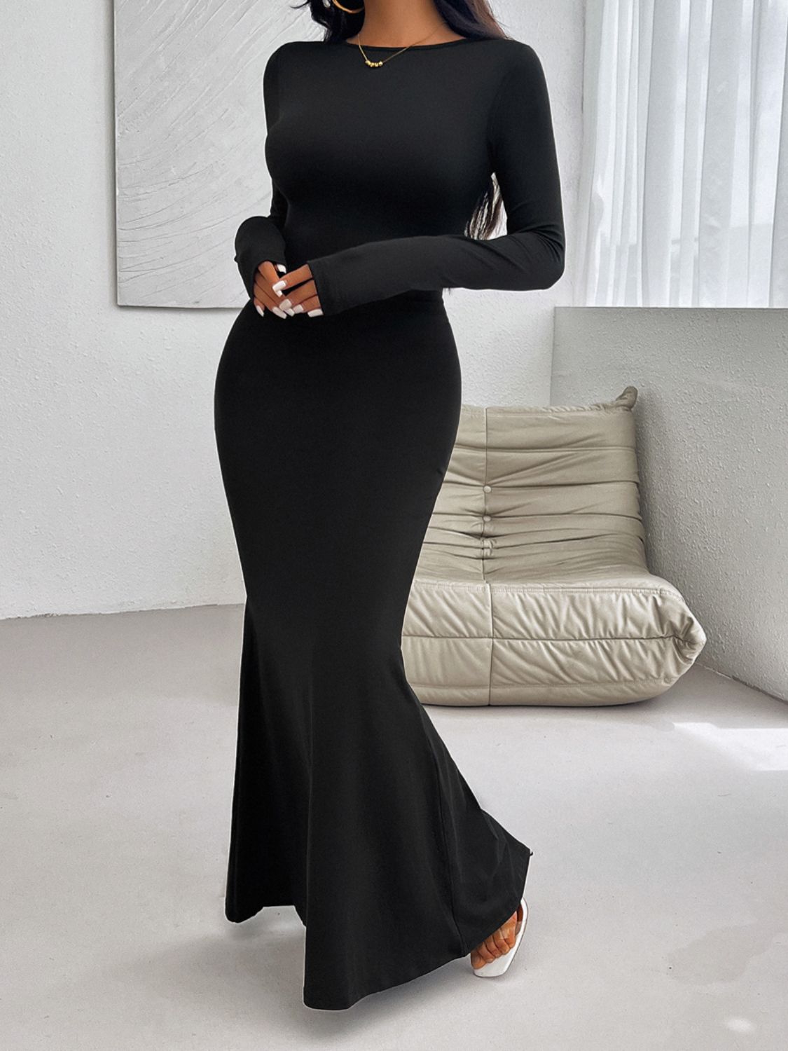 Devine Backless Round Neck Long Sleeve Maxi Dress Black OutfitFlow