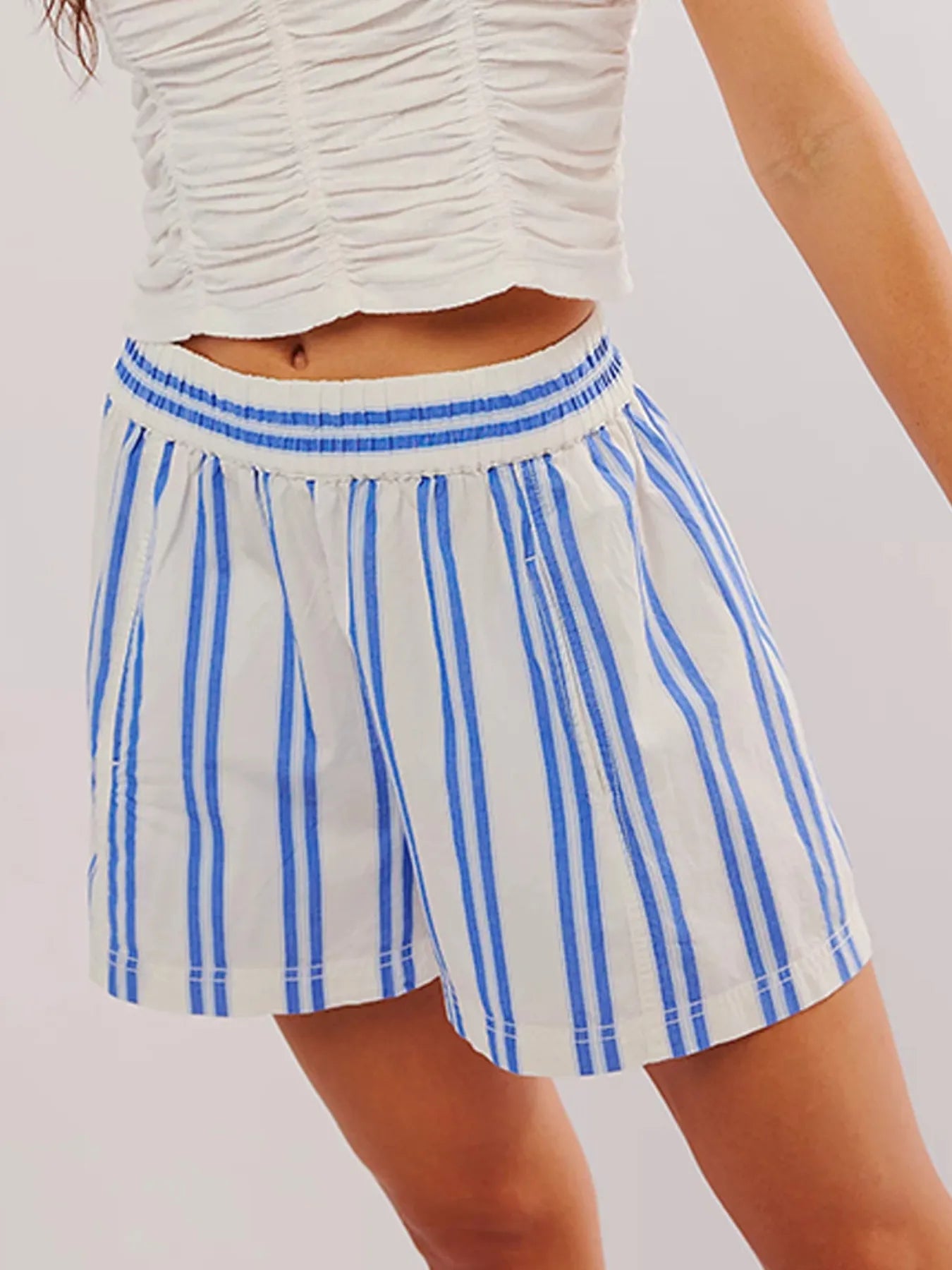 Striped High-Waist Linen Blend Summer Shorts Blue OutfitFlow