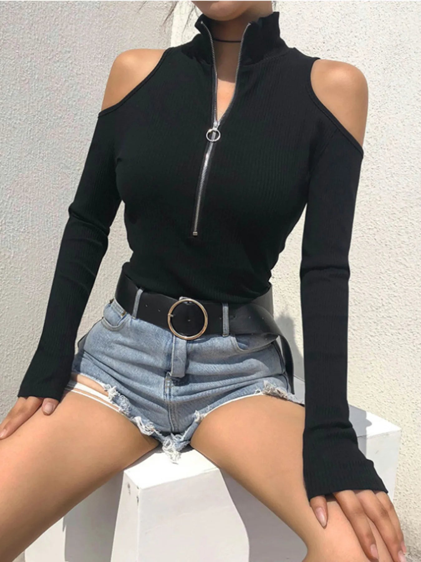 Zip Front Cold Shoulder Bodysuit OutfitFlow