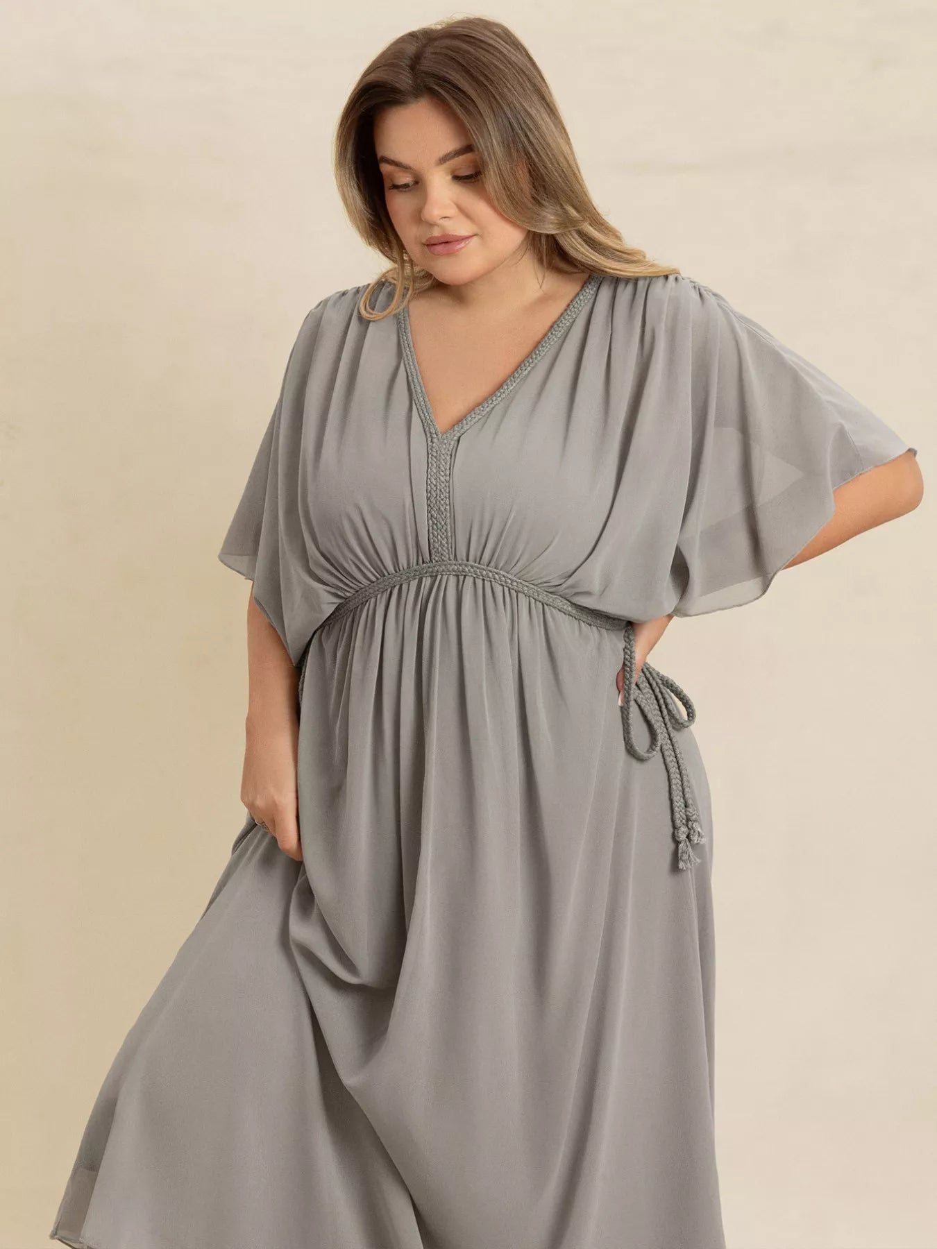 Plus Size V-Neck Flutter Sleeve Dress OutfitFlow