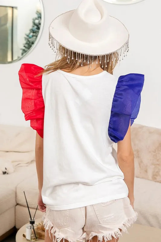 BiBi USA Theme Color Block Organza Ruffle Sleeve Top OutfitFlow