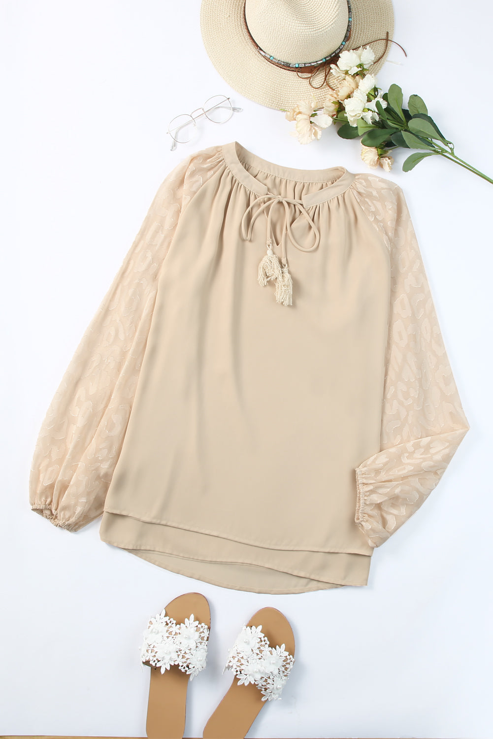 Outfit Flow - Tassel Tie Neck Long Sleeve Blouse