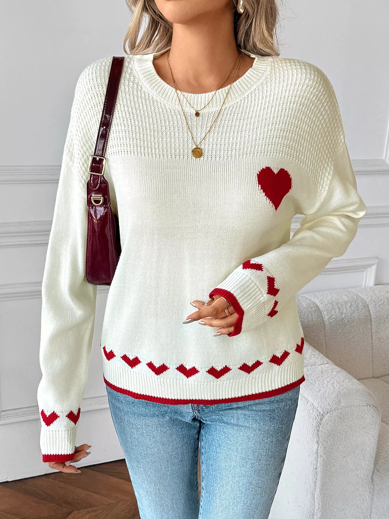 Heart Pattern Dropped Shoulder Sweater OutfitFlow