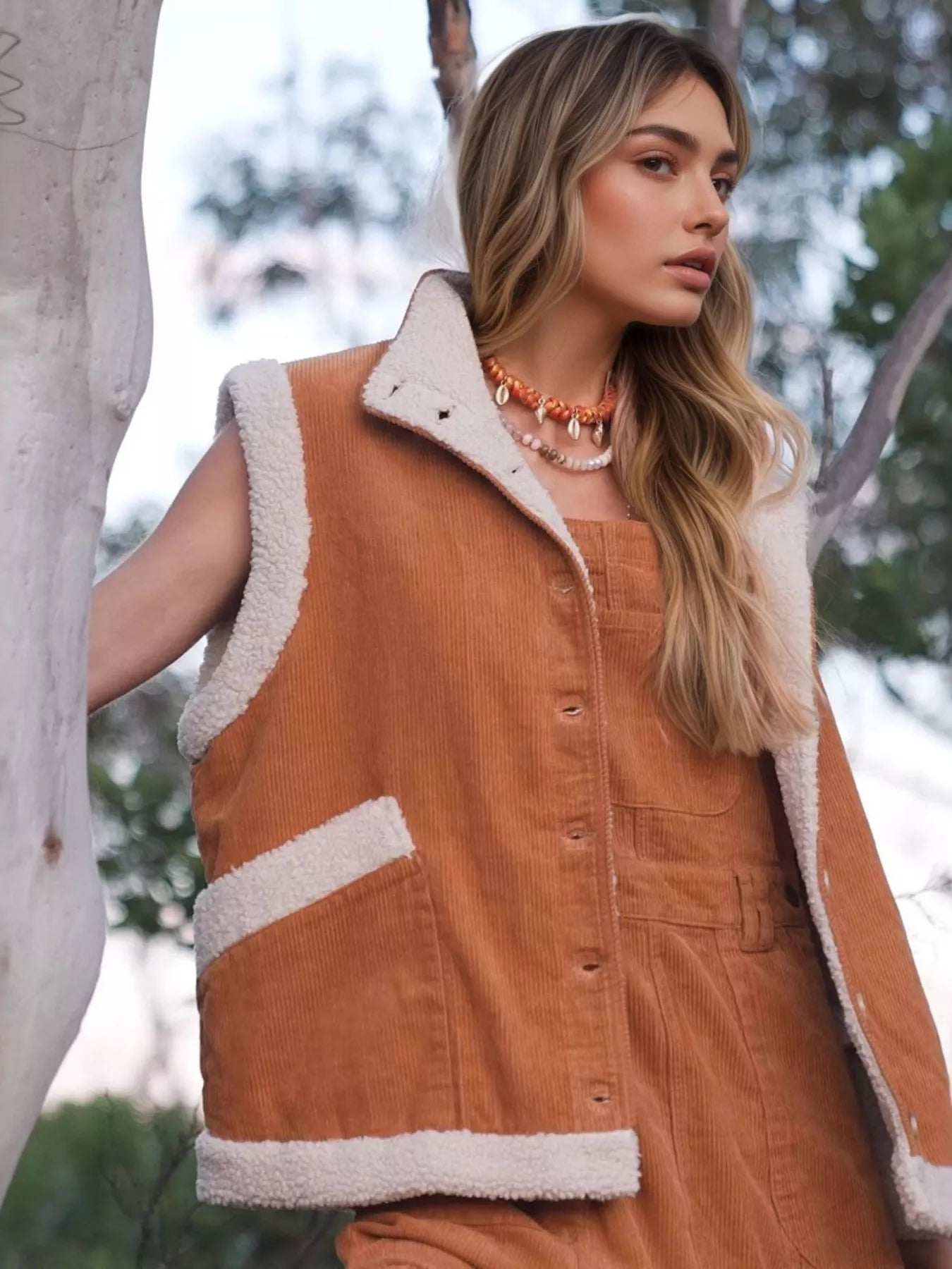 Button Up Sherpa Vest Coat Terracotta Trendsi