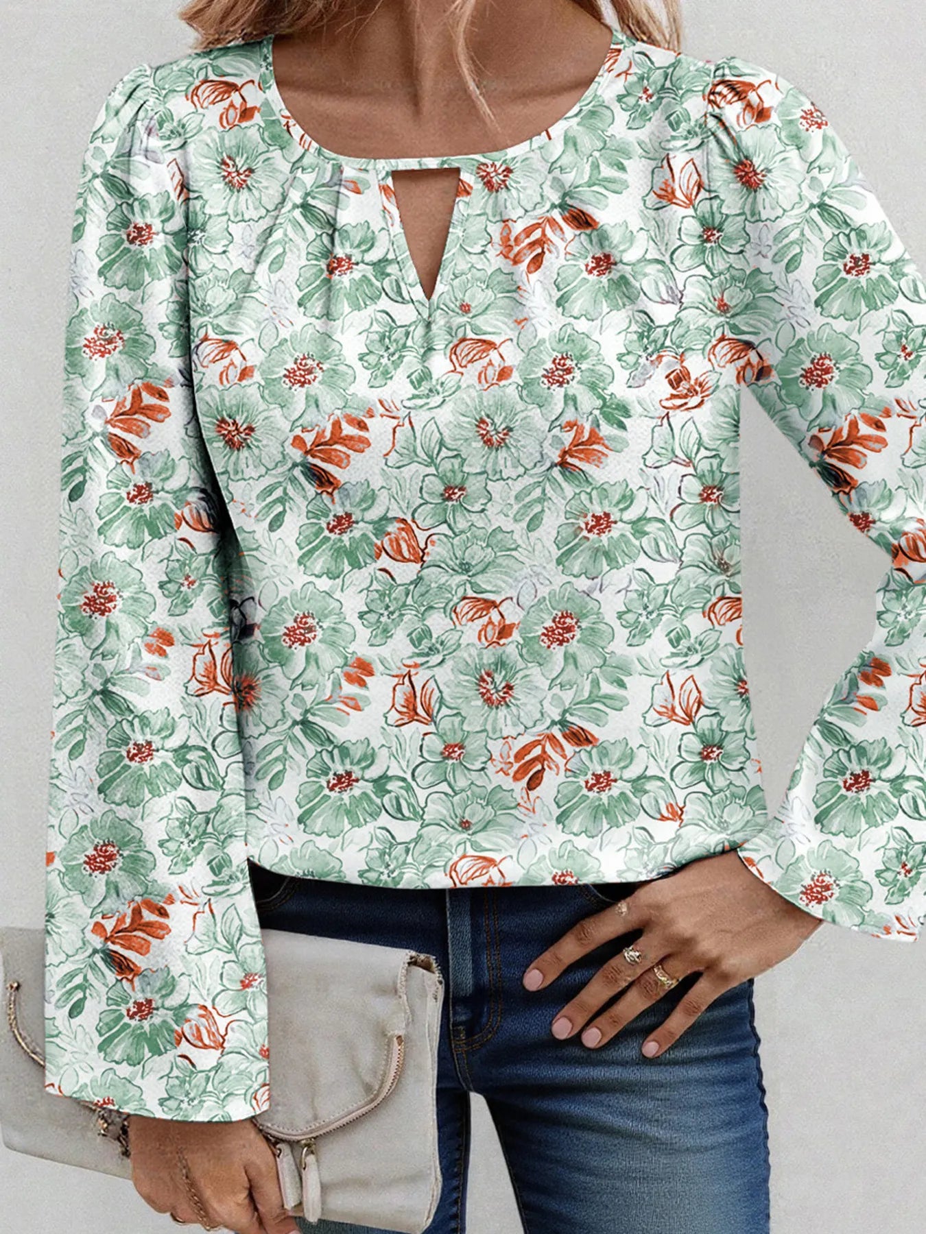 Floral Print Keyhole Neck Blouse OutfitFlow