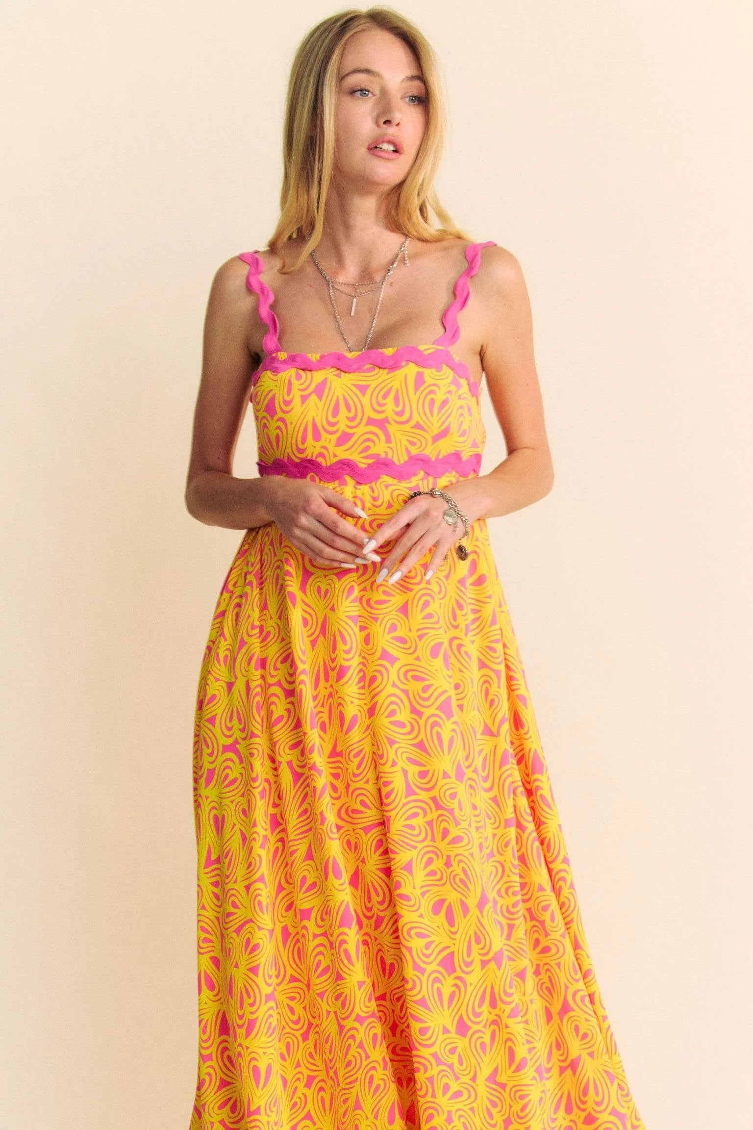 Davi & Dani Geo 2 Tone Printed Wavi Trim Tiered Maxi Dress OutfitFlow