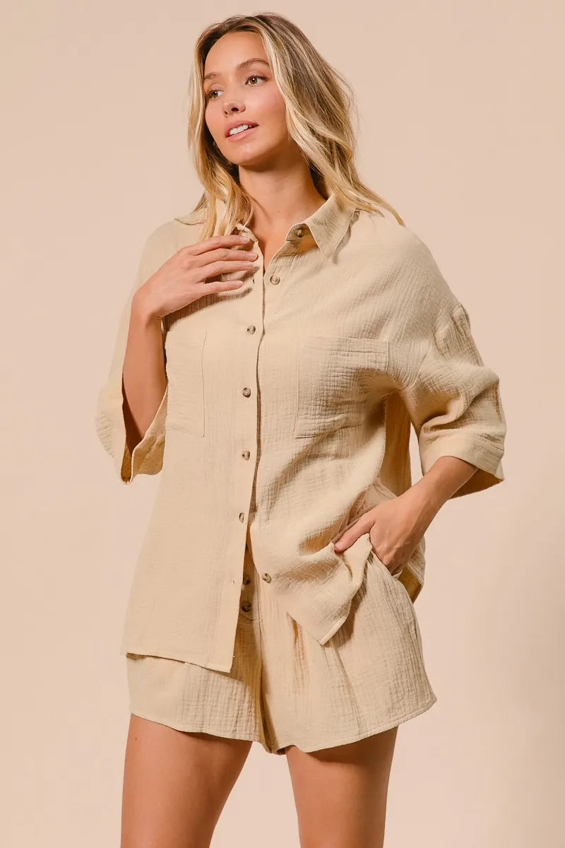 BiBi Crinkle Gauze Shirt and Short Set OutfitFlow