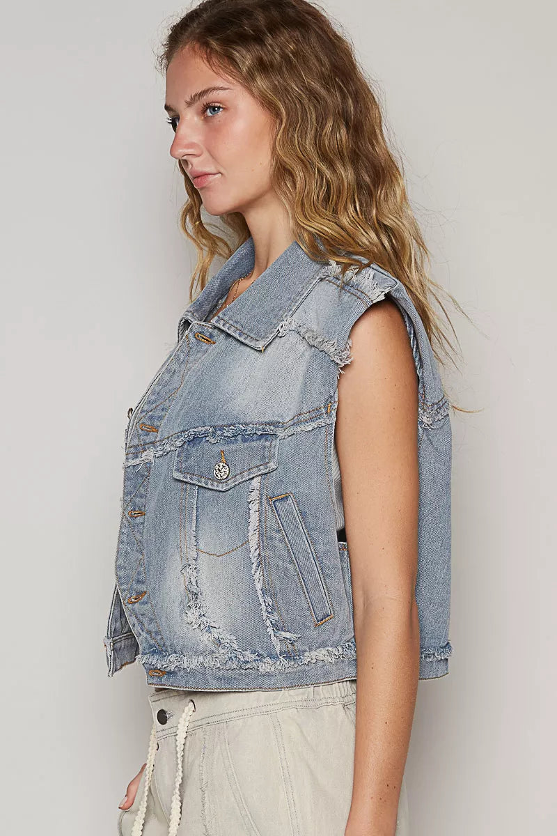 POL Assymetrical Front Closure Raw Hem Denim Vest OutfitFlow