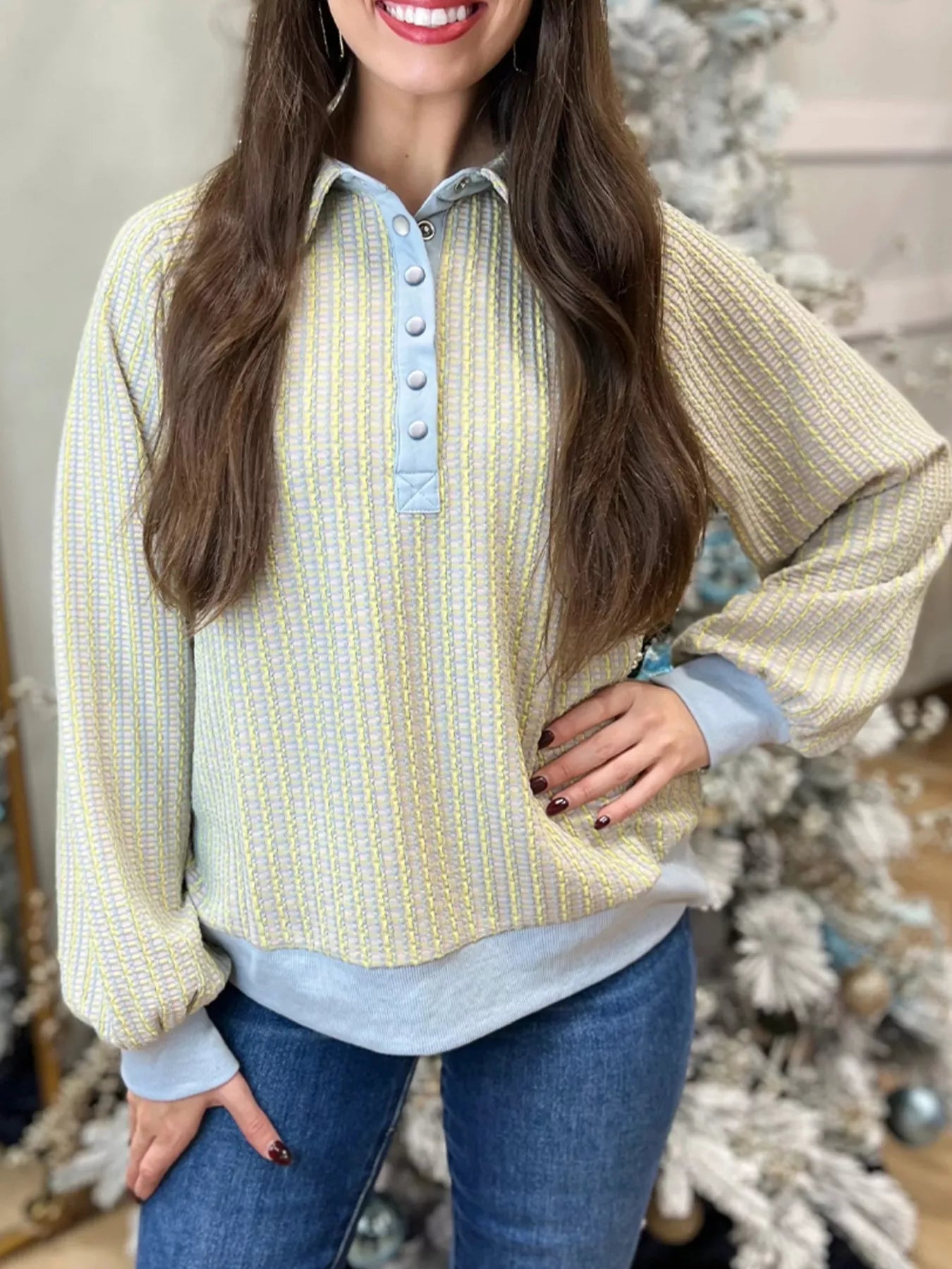 Half Snap Long Sleeve Sweatshirt Light Green OutfitFlow