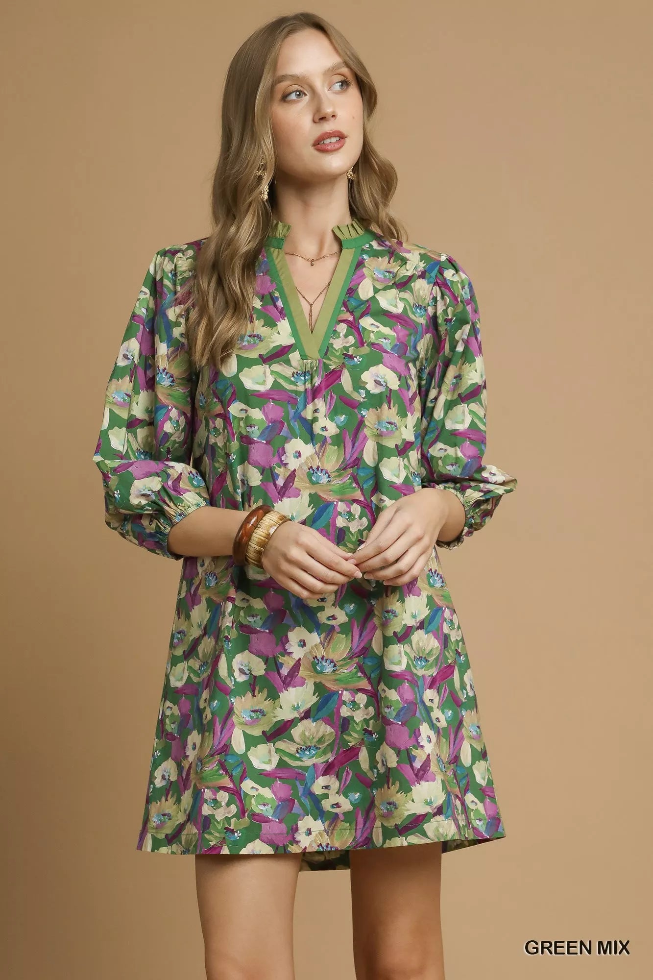 Umgee Boho Floral Balloon Sleeve Mini Dress GREEN MIX Trendsi