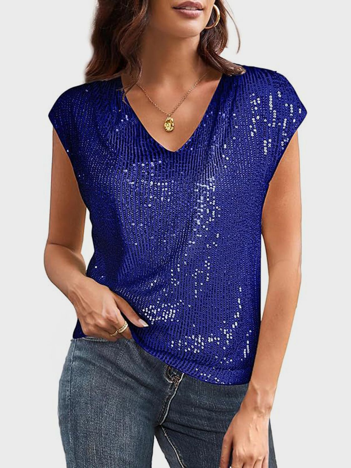 Outfit Flow - Sequin V-Neck Cap Sleeve Top