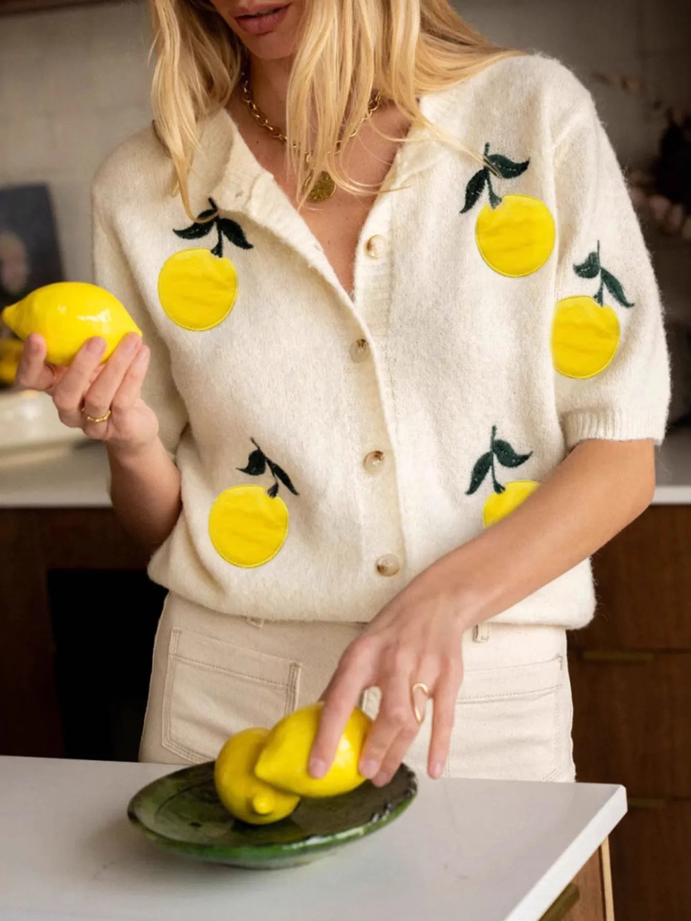 Lemon Button-Up Short Sleeve Cardigan OutfitFlow