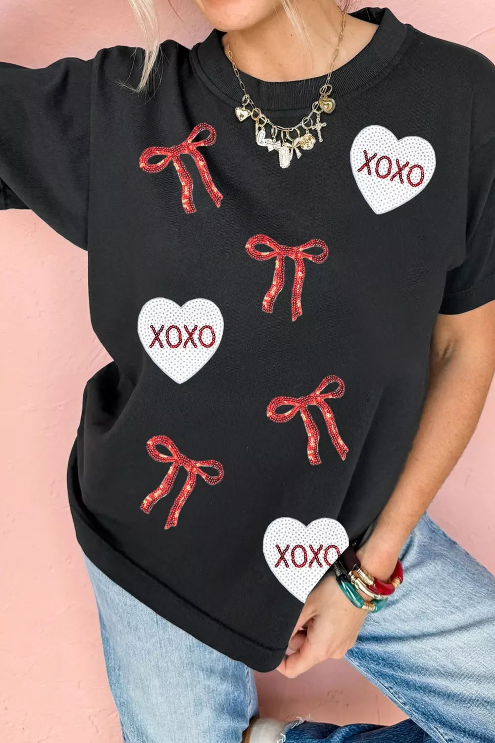 Valentines Bow XOXO Heart Sequin Patched Loose T Shirt Black OutfitFlow