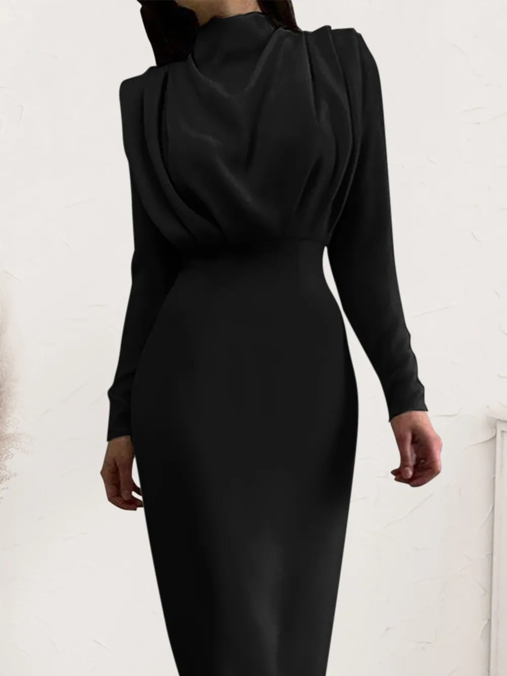 Ruched Turtleneck Long Sleeve Dress OutfitFlow