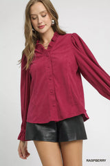Umgee Corduroy Ruffle Shirt with Long Puff Sleeves OutfitFlow
