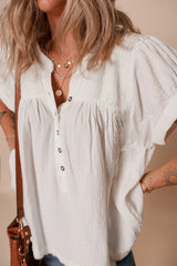Textured Short Sleeve Buttons Frayed Blouse OutfitFlow