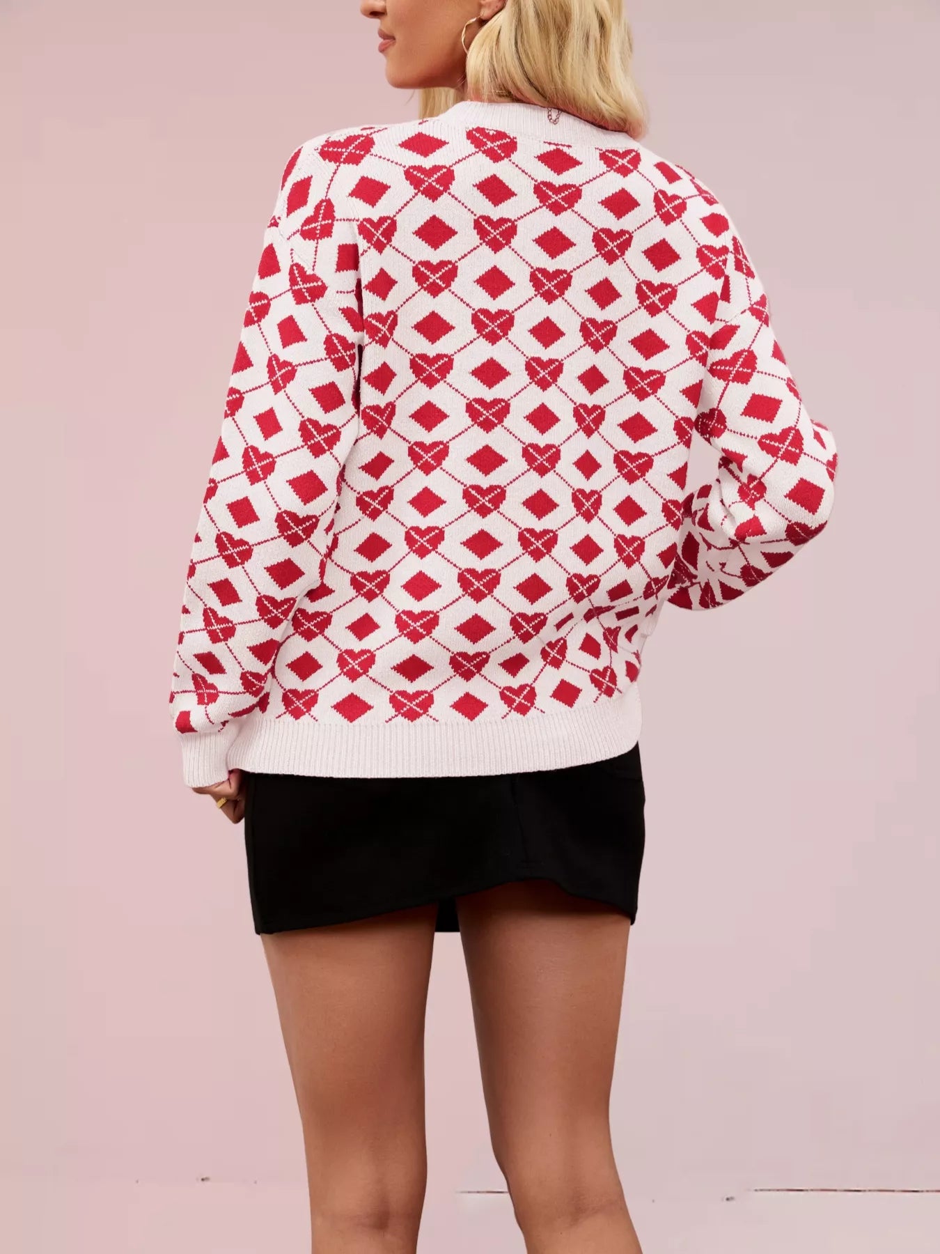 Heart & Diamond Pattern Long Sleeve Sweater OutfitFlow