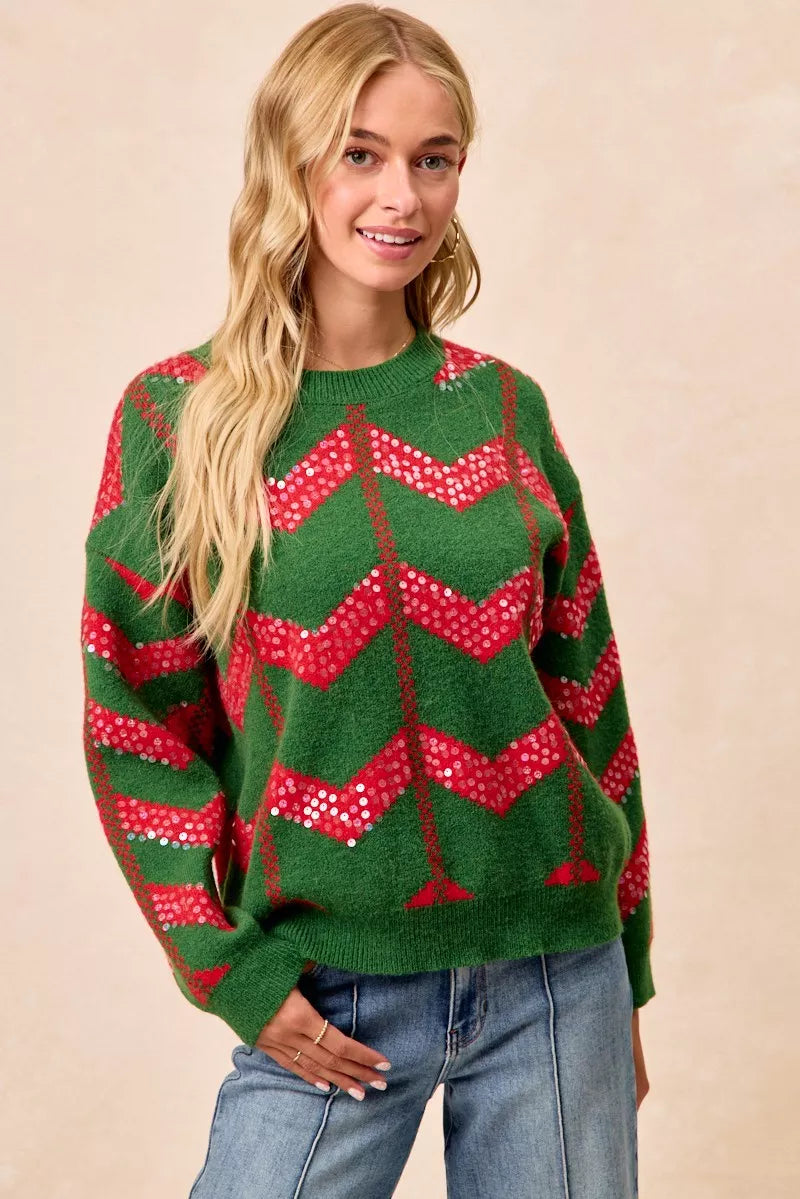 BiBi Christmas Theme Chevron Sequins Detail Sweater OutfitFlow
