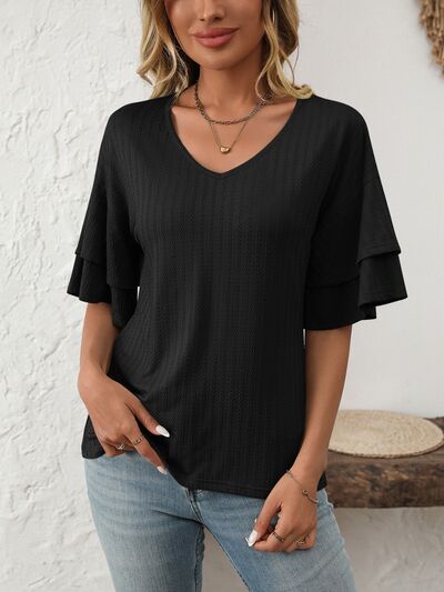 Mandy V-Neck Ruffle Half Sleeve Top Black OutfitFlow