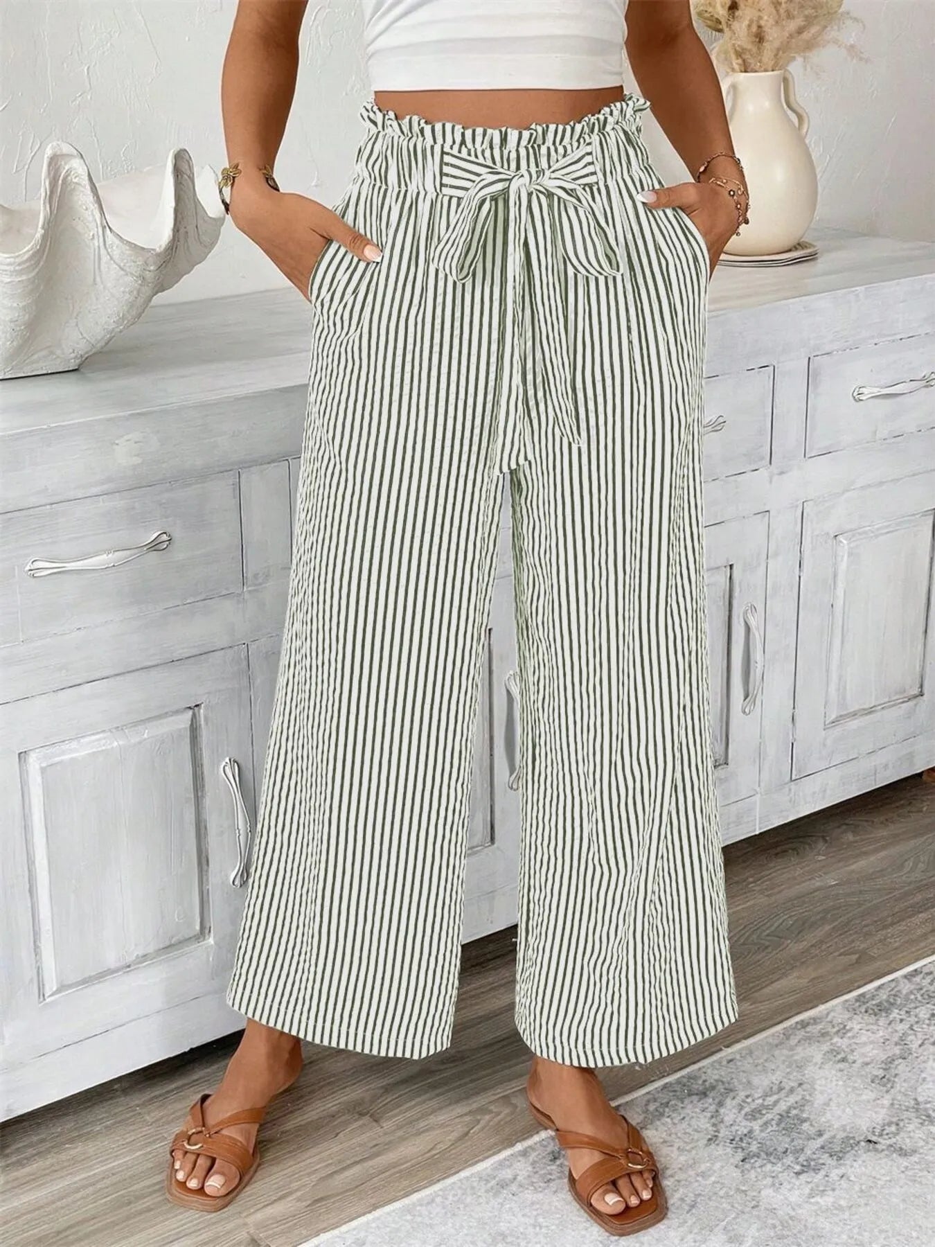Full Size Striped Wide Leg Paper Bag Pants Plus Size OutfitFlow