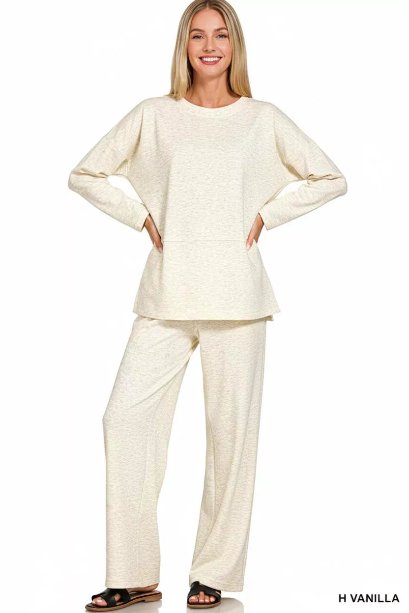 Zenana Scuba Side Slit Top and Pants Set H VANILLA OutfitFlow