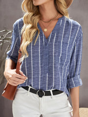 Striped Print V Neck Half Buttons Loose Blouse Dusty Blue OutfitFlow