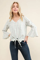 And The Why Stripe Tie Knot Front Bell Sleeve Top OutfitFlow