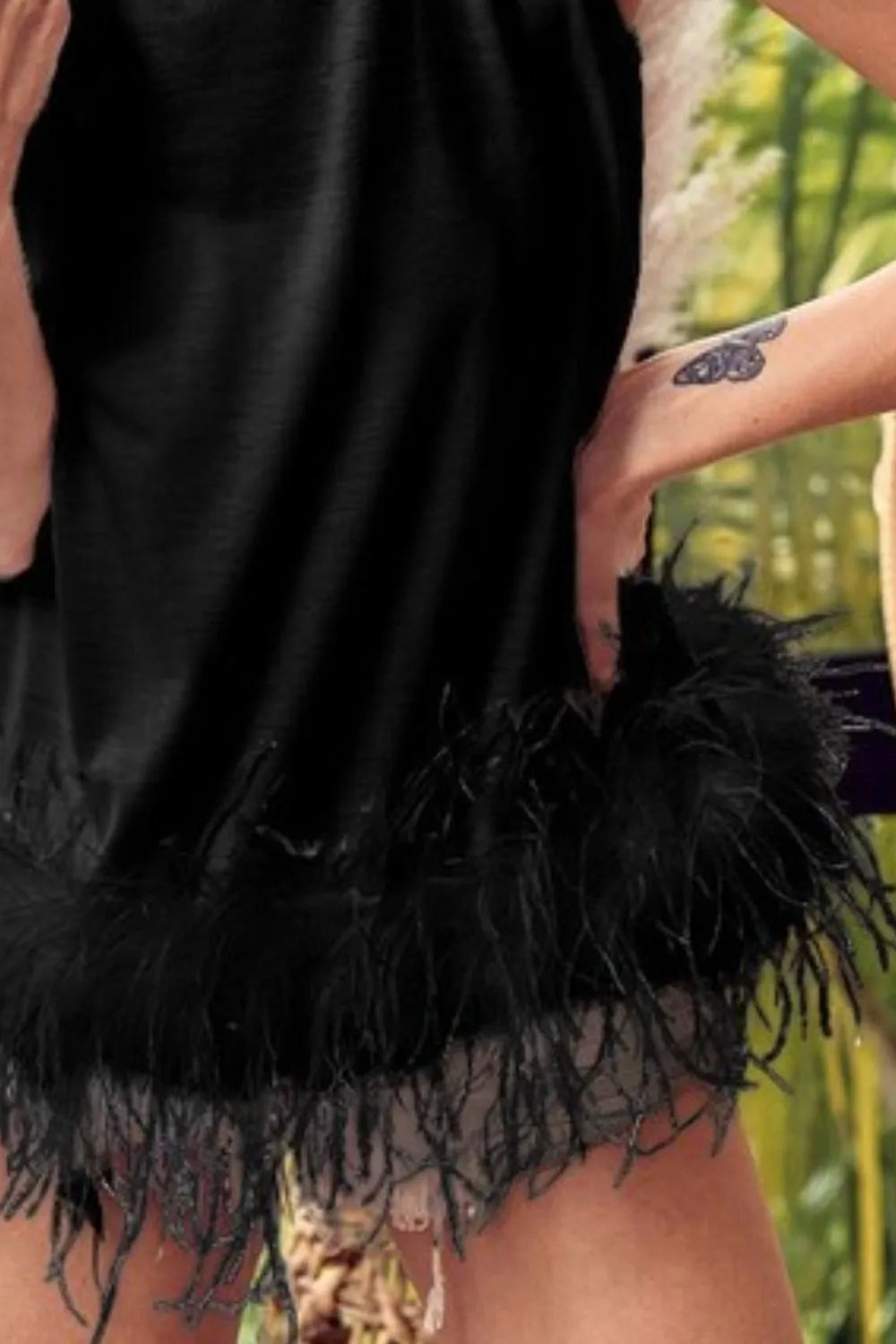 BiBi French Terry Faux Feather Bottom Back Tied Top OutfitFlow