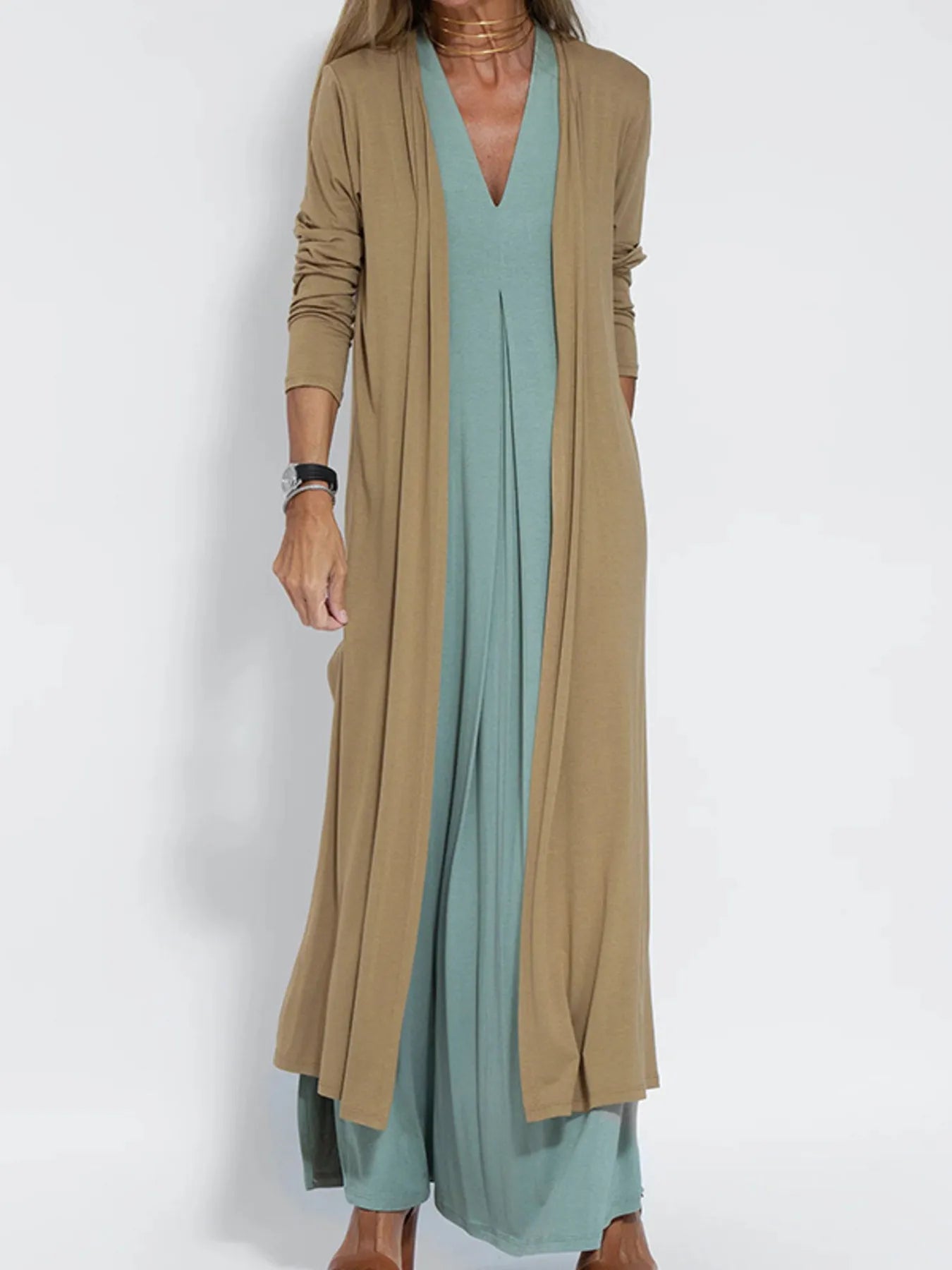 Full Size Open Front Side Slit Longline Cardigan Plus Size Caramel OutfitFlow